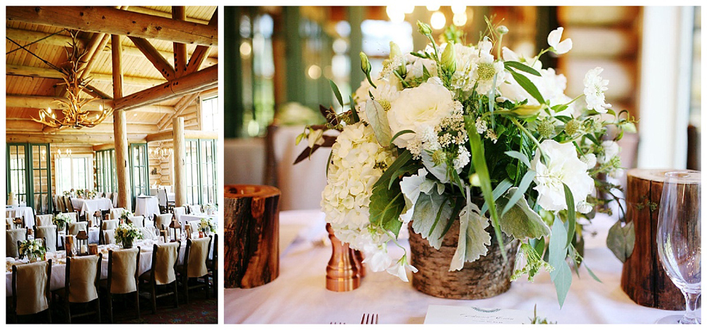 Bella Fiori Beanos Cabin Beaver Creek Colorado - rustic wedding reception decor with all white and green flowers