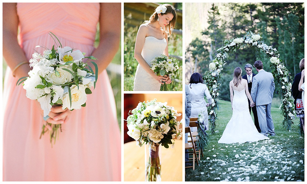 Bella Fiori Beanos Cabin Beaver Creek Colorado - white and green bouquets, floral arch for a wedding ceremony