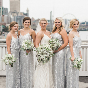 Bella Fiori, Becca of B Jones Photography, Seattle World Trade Center - a wedding with a mermaid seaside theme, grayish blue flowers with tillandsias, dusty miller, sweet peas, seeded eucalyptus