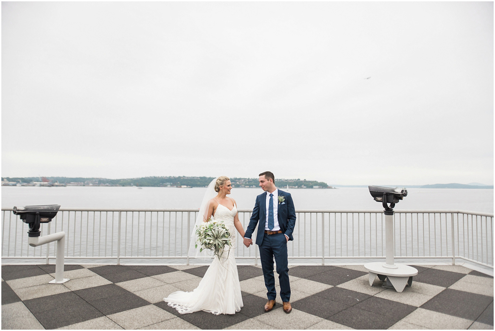 Photography: B. Jones Photography // Event Planning: Wishes! Wedding Coordination // Floral Design: Bella Fiori // Event Venue: World Trade Center Seattle DJ: DJ Headsmile // Cake Design: Honey Crumb Cake Studio - Bridal bouquet designed by Alicia Schwede of Bella Fiori. Bouquet of tillandsia air plant, grey dusty miller,  white scabiosa, sweet peas, white veronica, seeded eucalyptus. 