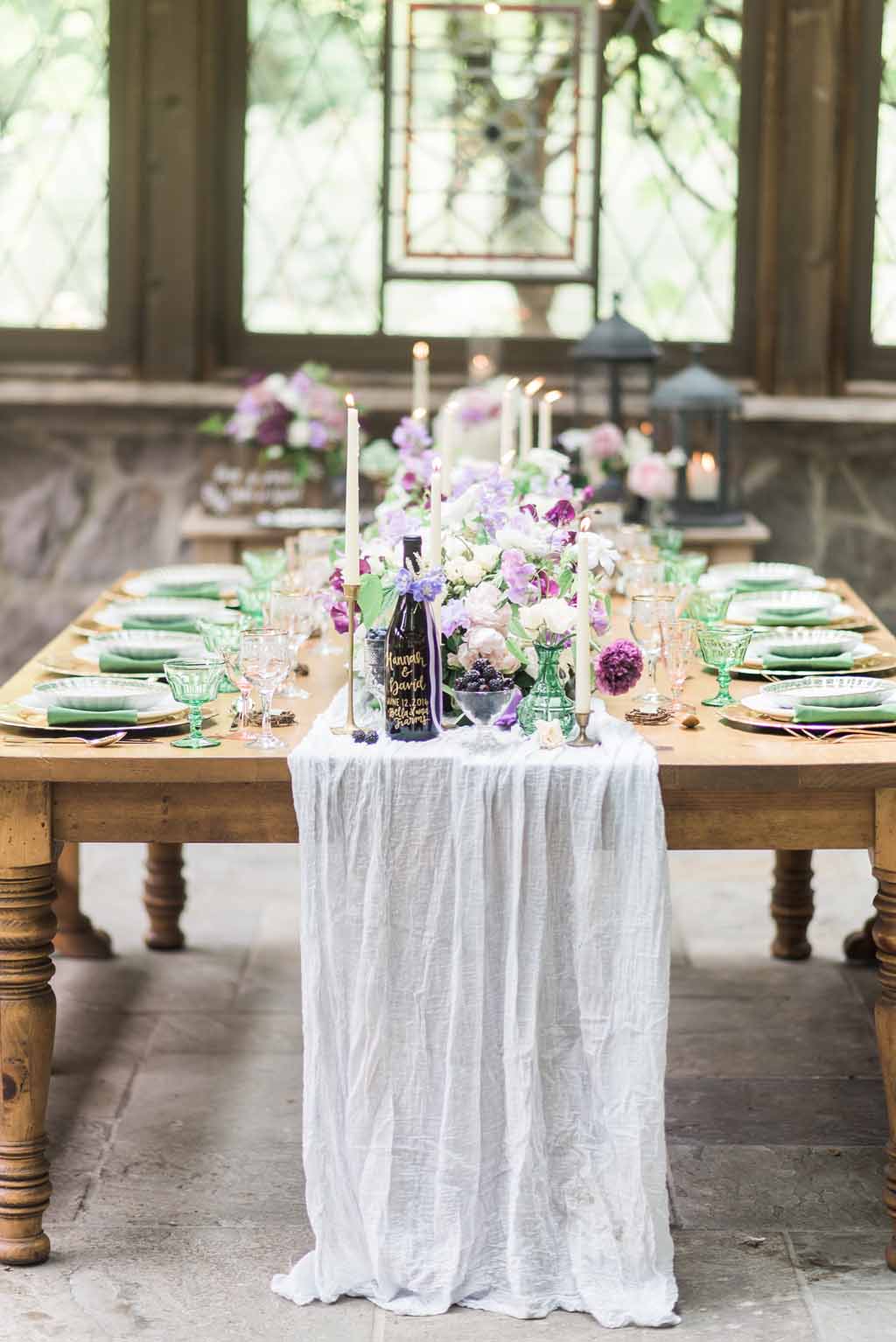 Bella Fiori Florist - Bella Luna Farms - Becca Jones Photography - Snohomish Washington - table decor designed by Alicia of Bella Fiori. Floral centerpiece created with garden roses, sweet peas, anemones, clematis in purple, lavender, and white.