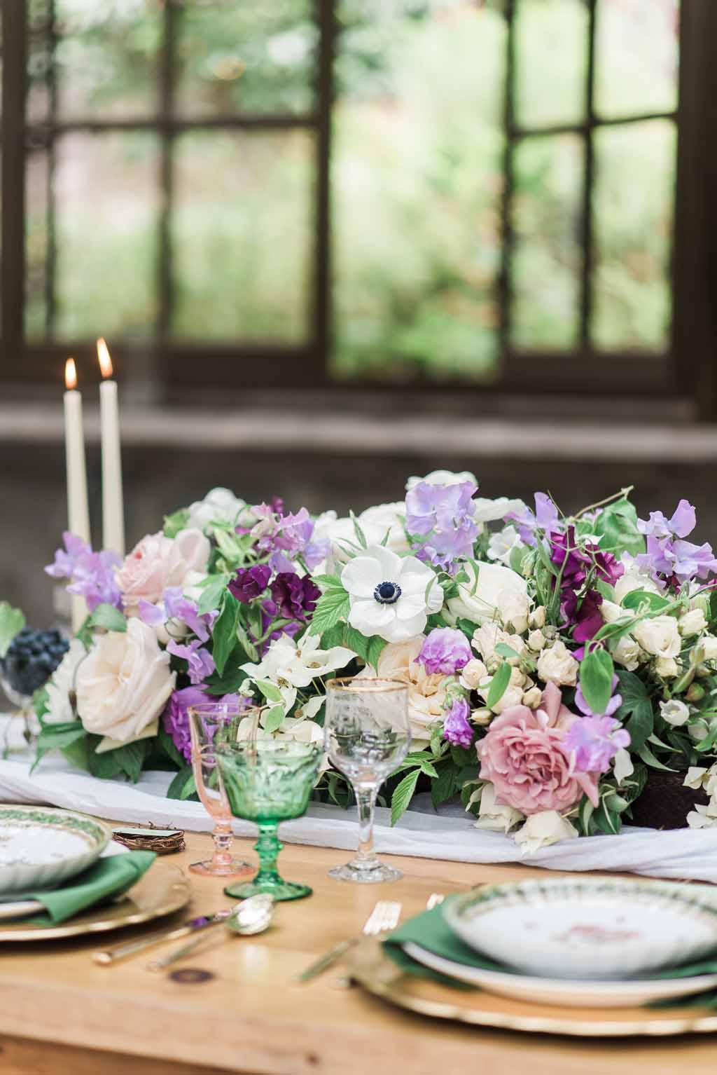Bella Fiori Florist - Bella Luna Farms - Becca Jones Photography - Snohomish Washington - centerpiece of purple, lavender, and white flowers - garden roses, sweet peas, anemones