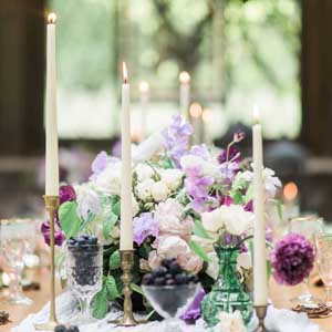 Bella Fiori Florist - Bella Luna Farms - Becca Jones Photography - Snohomish Washington - centerpiece of purple, lavender, and white flowers - garden roses, sweet peas, anemones