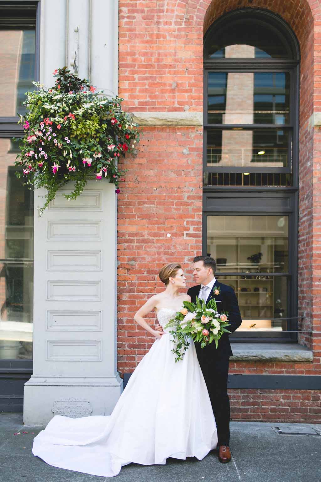 Bella Fiori, Seattle Wedding Florist, Fairmont Olympic Hotel - bridal bouquet with lush foliage, peach and blush flowers.