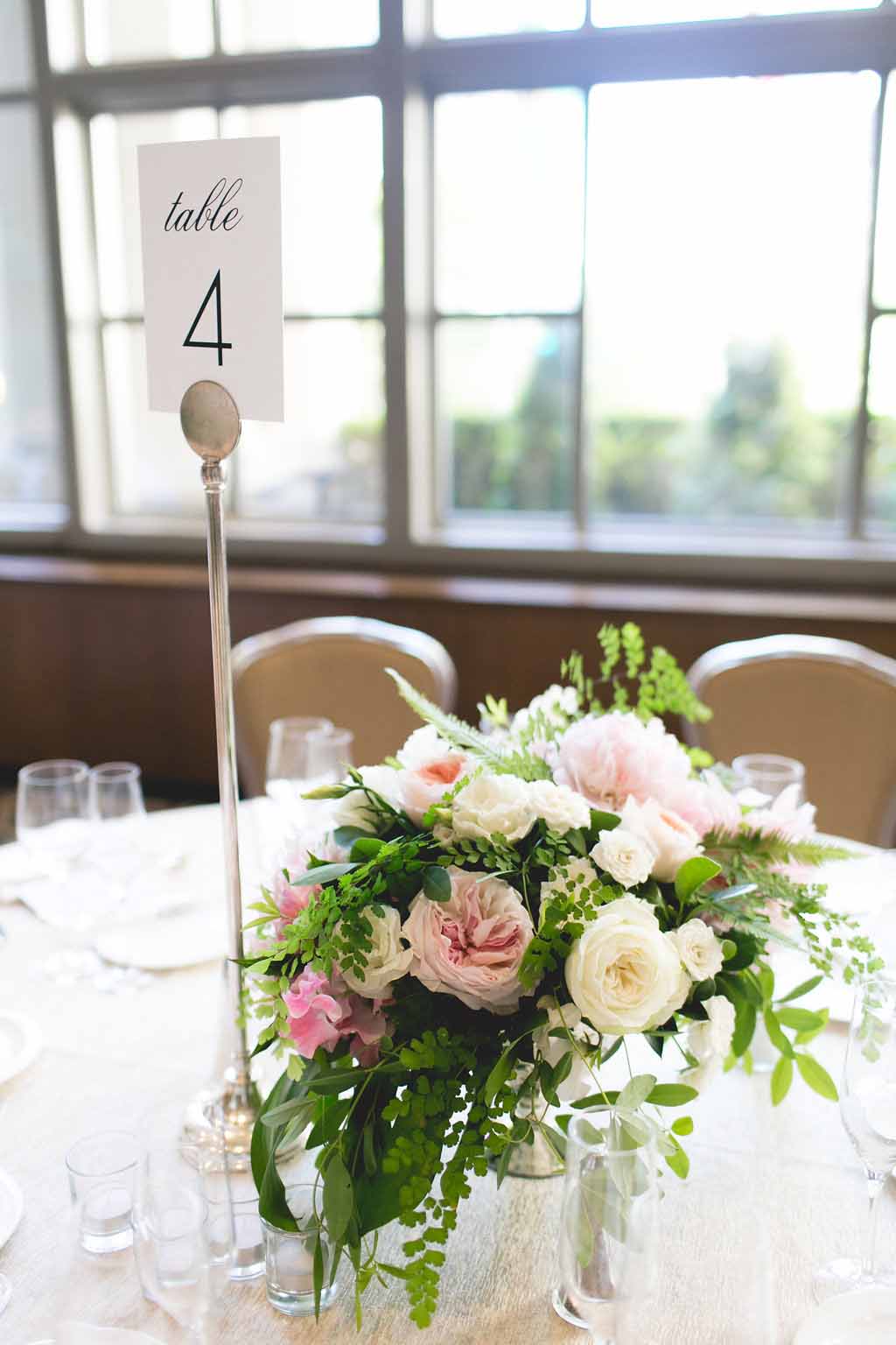 Bella Fiori, Seattle Wedding Florist, Fairmont Olympic Hotel - Garden Room Reception with peach and blush floral centerpieces - peonies, ranunculus, garden roses
