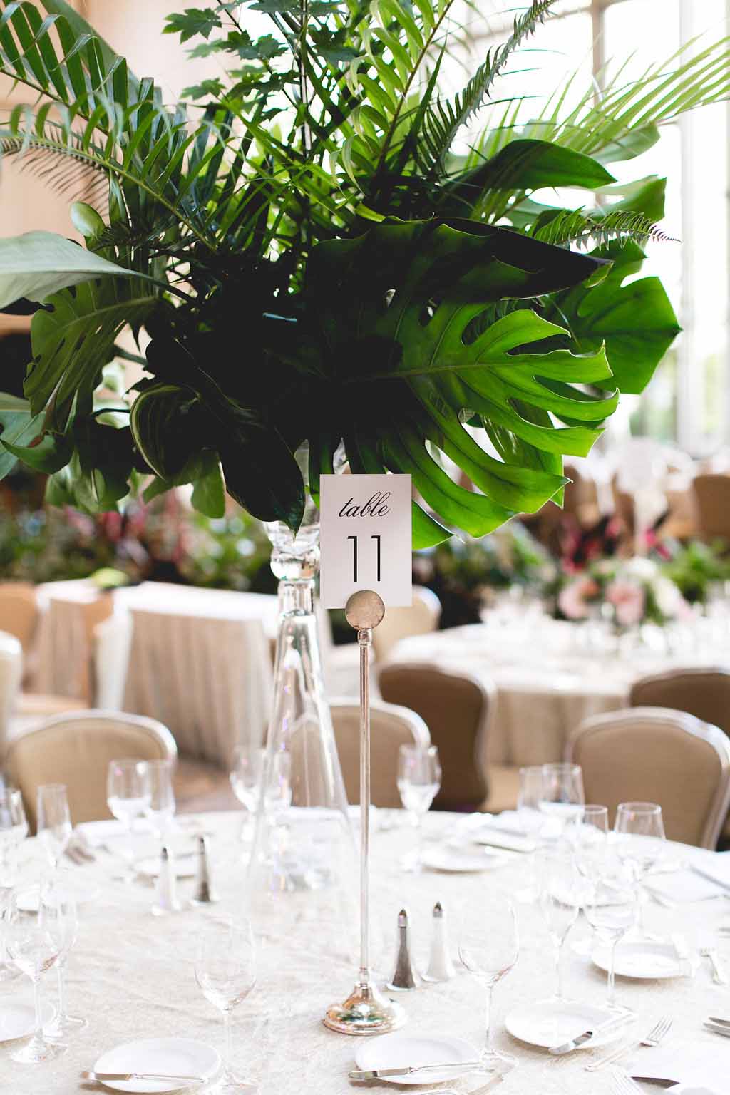 Bella Fiori, Seattle Wedding Florist, Fairmont Olympic Hotel - Garden Room Reception with large centerpieces of all greenery and tropical leaves